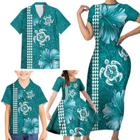 Teal Hibiscus Turle Family Matching Short Sleeve Bodycon Dress and Hawaiian Shirt Hawaiian Style Tribal Tapa Pattern LT9 - Polynesian Pride