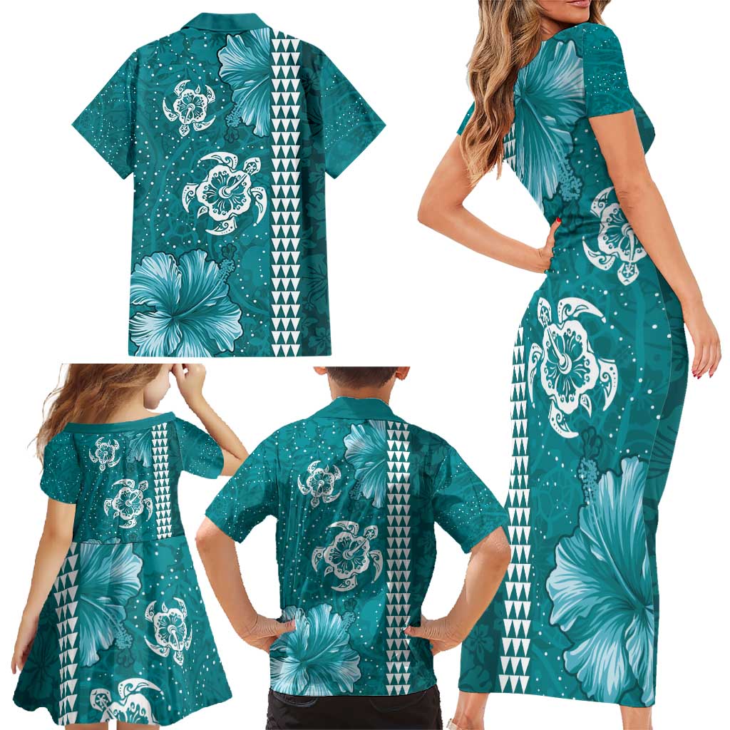 Teal Hibiscus Turle Family Matching Short Sleeve Bodycon Dress and Hawaiian Shirt Hawaiian Style Tribal Tapa Pattern LT9 - Polynesian Pride