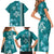 Teal Hibiscus Turle Family Matching Short Sleeve Bodycon Dress and Hawaiian Shirt Hawaiian Style Tribal Tapa Pattern