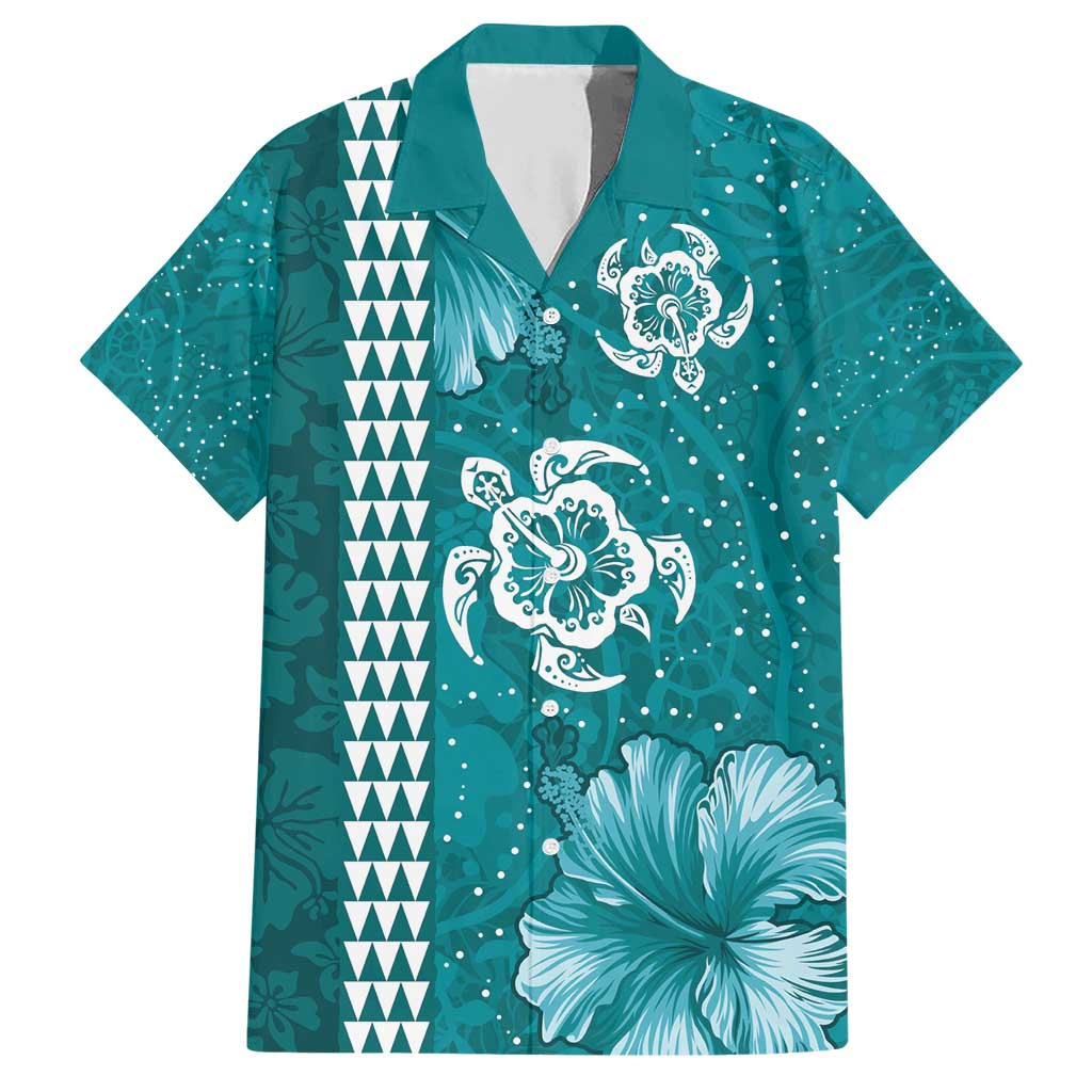 Teal Hibiscus Turle Family Matching Short Sleeve Bodycon Dress and Hawaiian Shirt Hawaiian Style Tribal Tapa Pattern LT9 Dad's Shirt - Short Sleeve Teal - Polynesian Pride