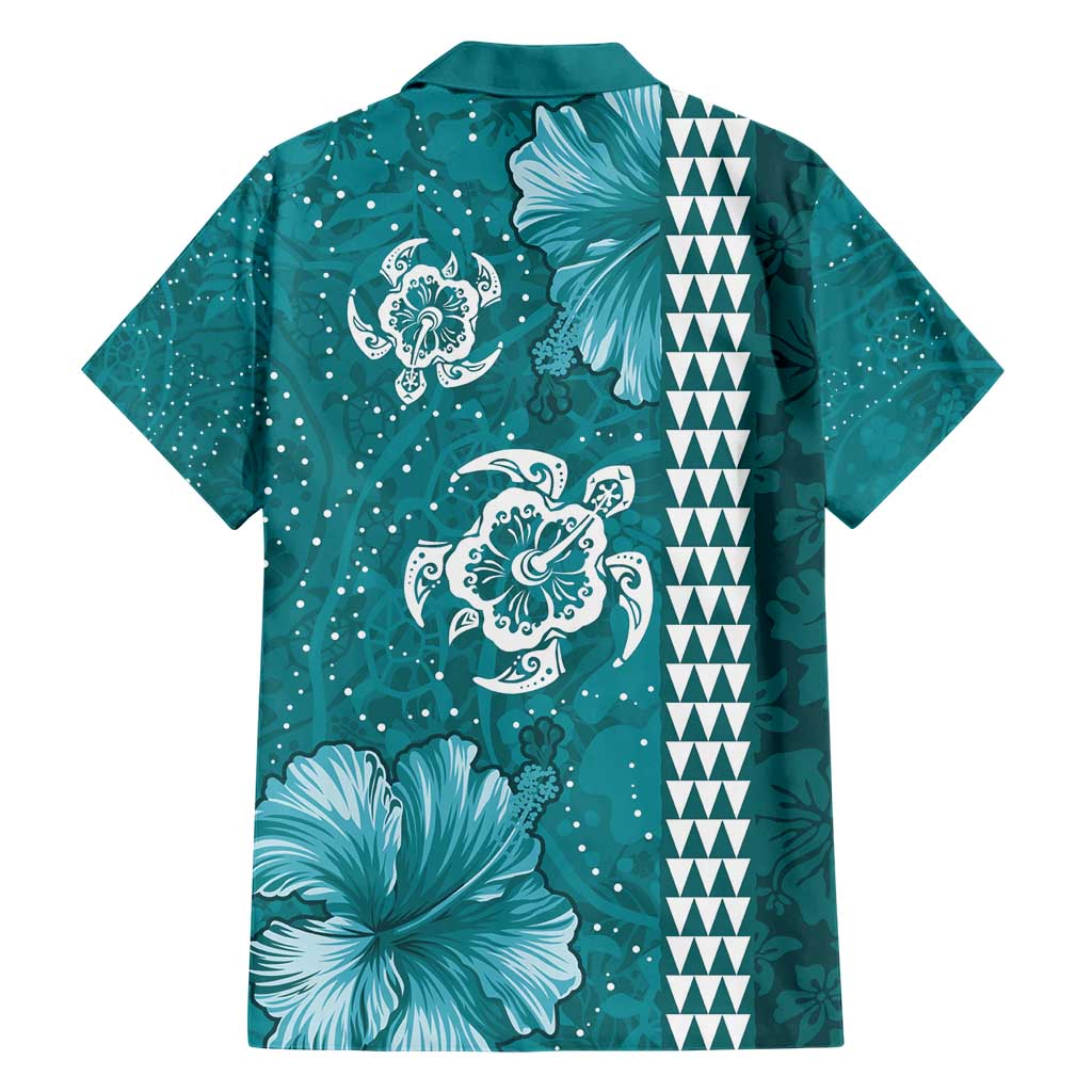 Teal Hibiscus Turle Family Matching Short Sleeve Bodycon Dress and Hawaiian Shirt Hawaiian Style Tribal Tapa Pattern LT9 - Polynesian Pride
