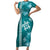 Teal Hibiscus Turle Family Matching Short Sleeve Bodycon Dress and Hawaiian Shirt Hawaiian Style Tribal Tapa Pattern