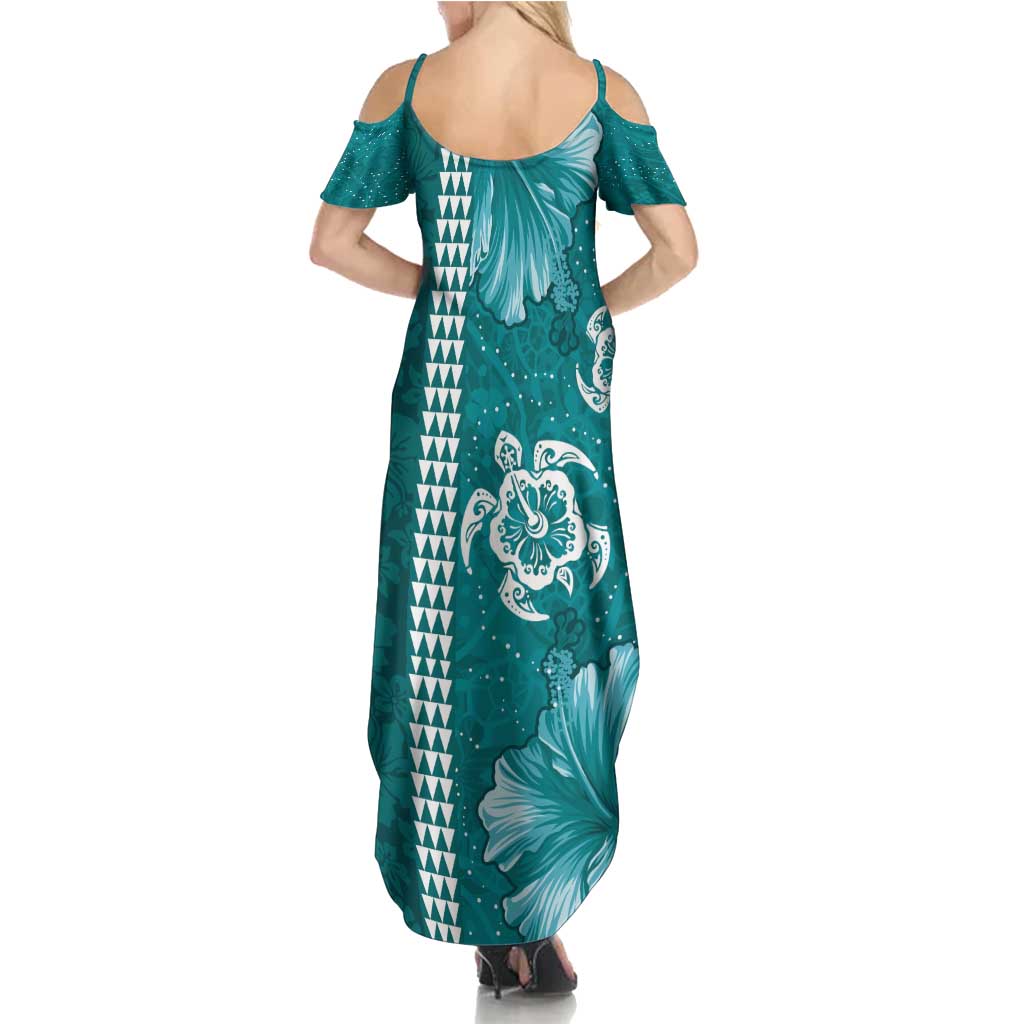 Teal Hibiscus Turle Family Matching Summer Maxi Dress and Hawaiian Shirt Hawaiian Style Tribal Tapa Pattern