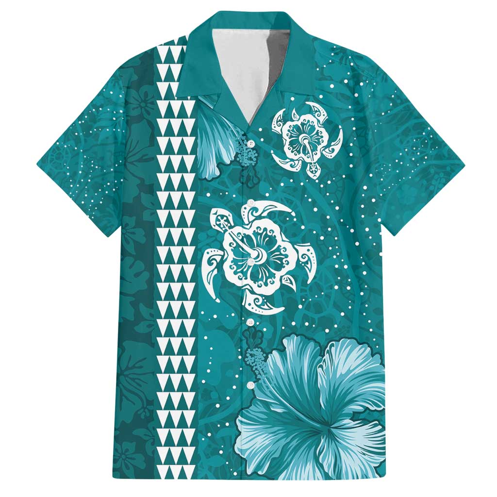 Teal Hibiscus Turle Family Matching Tank Maxi Dress and Hawaiian Shirt Hawaiian Style Tribal Tapa Pattern