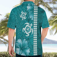 Teal Hibiscus Turle Hawaiian Shirt Hawaiian Style Tribal Tapa Pattern