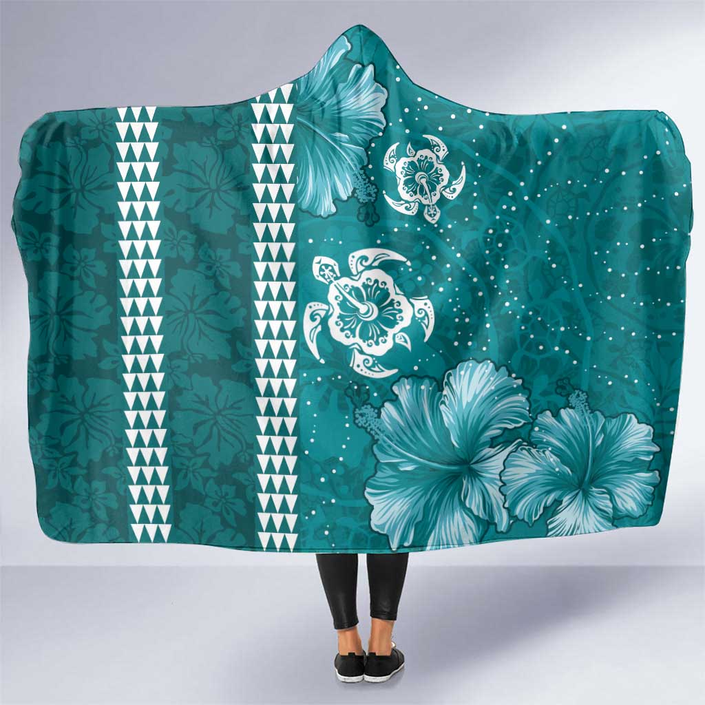 Teal Hibiscus Turle Hooded Blanket Hawaiian Style Tribal Tapa Pattern
