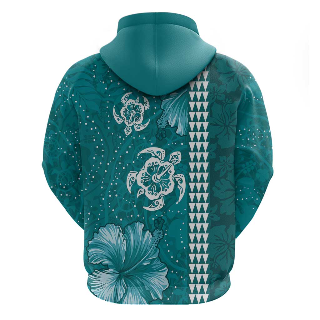 Teal Hibiscus Turle Hoodie Hawaiian Style Tribal Tapa Pattern