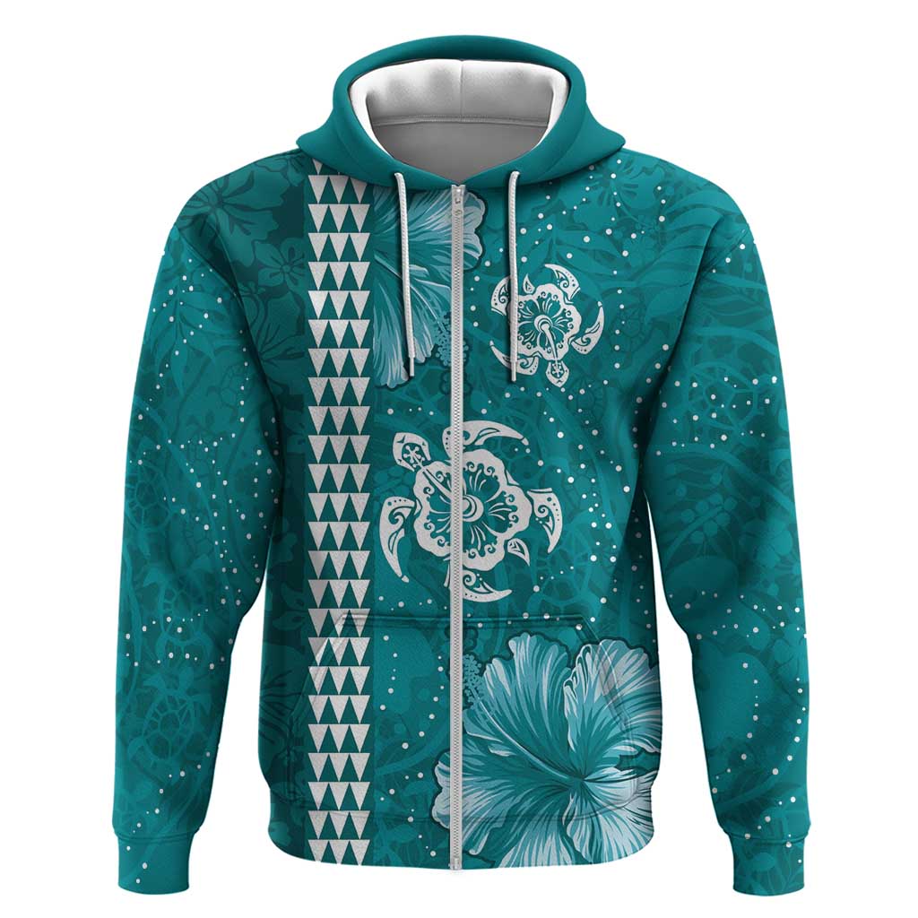 Teal Hibiscus Turle Hoodie Hawaiian Style Tribal Tapa Pattern