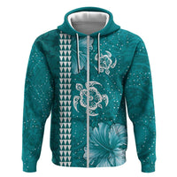 Teal Hibiscus Turle Hoodie Hawaiian Style Tribal Tapa Pattern
