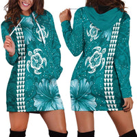 Teal Hibiscus Turle Hoodie Dress Hawaiian Style Tribal Tapa Pattern