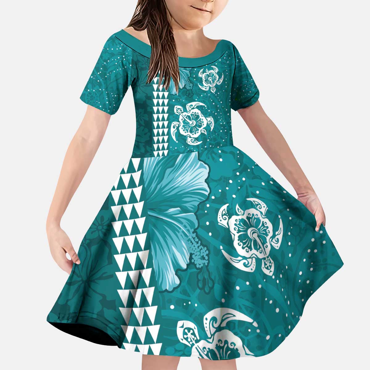 Teal Hibiscus Turle Kid Short Sleeve Dress Hawaiian Style Tribal Tapa Pattern