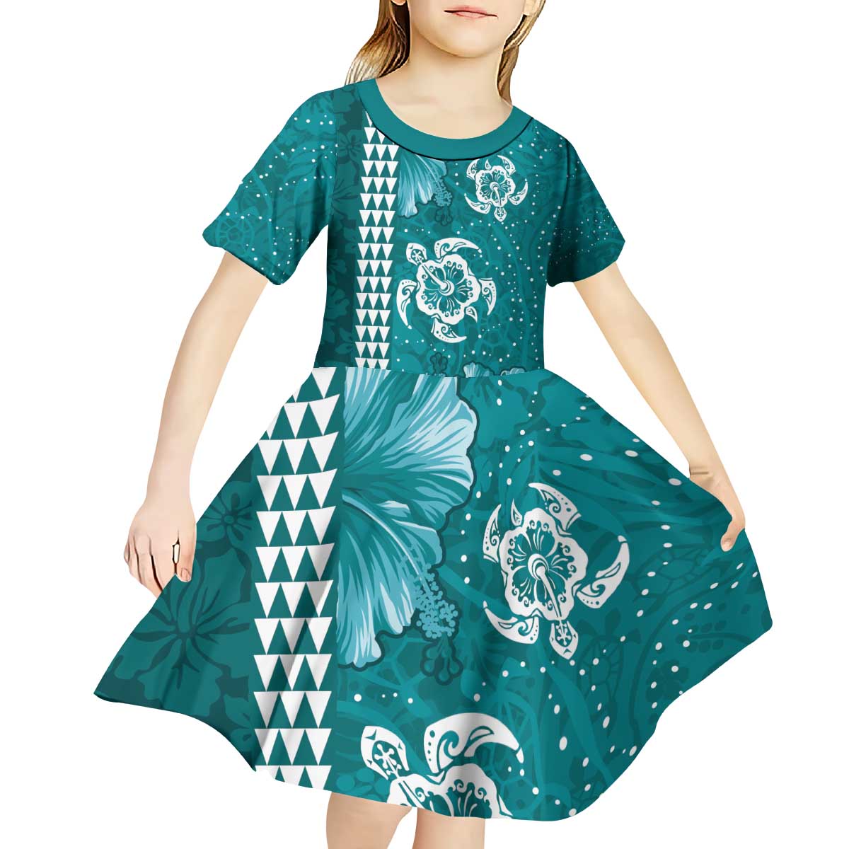 Teal Hibiscus Turle Kid Short Sleeve Dress Hawaiian Style Tribal Tapa Pattern