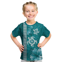 Teal Hibiscus Turle Kid T Shirt Hawaiian Style Tribal Tapa Pattern