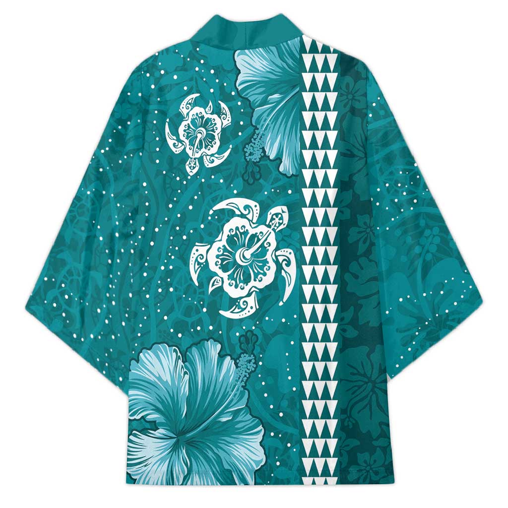 Teal Hibiscus Turle Kimono Hawaiian Style Tribal Tapa Pattern - Polynesian Pride