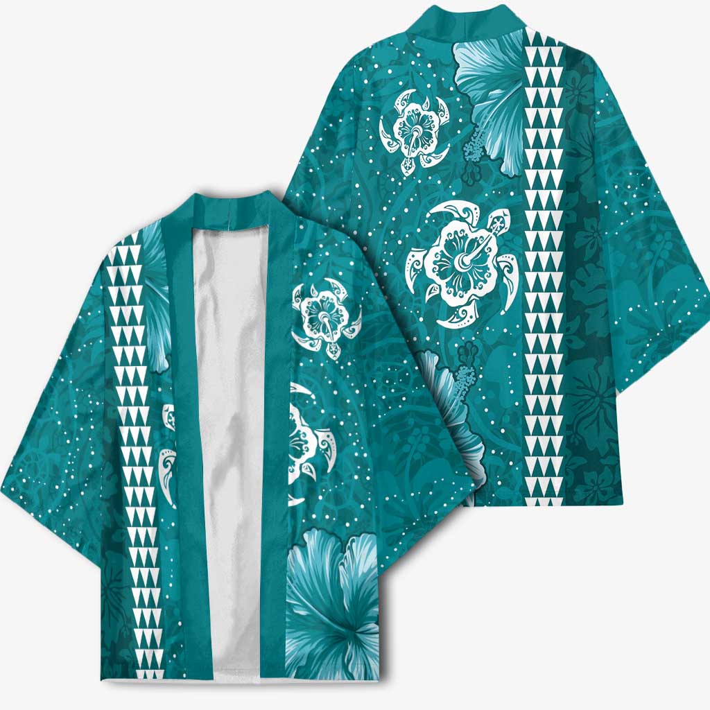 Teal Hibiscus Turle Kimono Hawaiian Style Tribal Tapa Pattern - Polynesian Pride