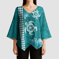 Teal Hibiscus Turle Kimono Sleeve Blouse Hawaiian Style Tribal Tapa Pattern - Polynesian Pride