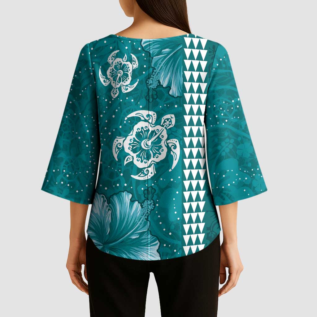 Teal Hibiscus Turle Kimono Sleeve Blouse Hawaiian Style Tribal Tapa Pattern - Polynesian Pride