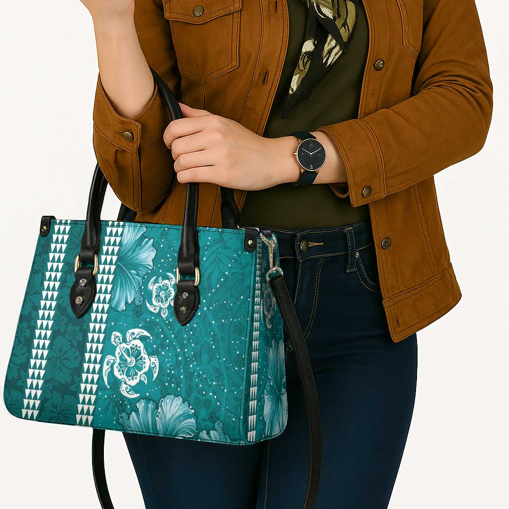 Teal Hibiscus Turle Leather Bag Hawaiian Style Tribal Tapa Pattern - Polynesian Pride