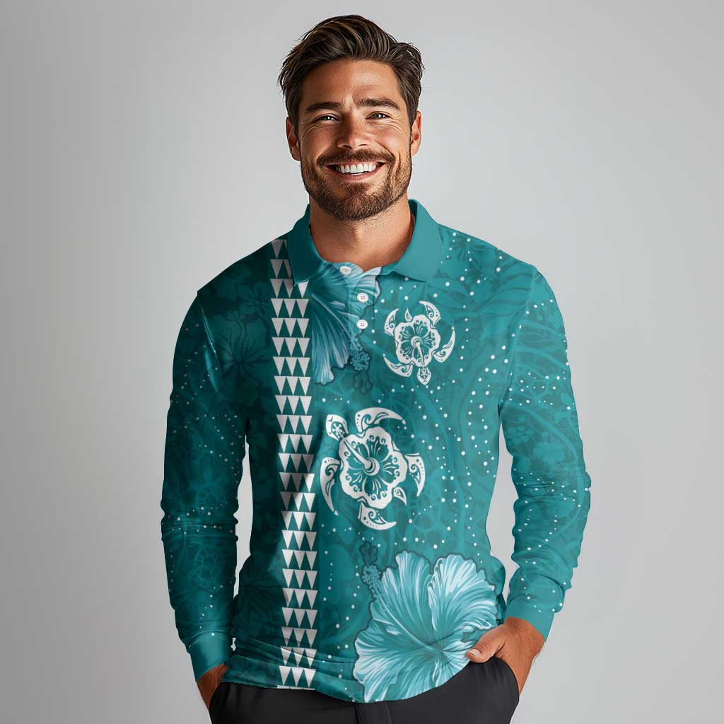 Teal Hibiscus Turle Long Sleeve Polo Shirt Hawaiian Style Tribal Tapa Pattern