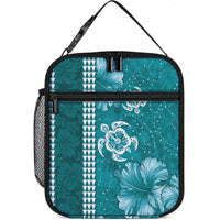 Teal Hibiscus Turtle Lunch Bag Hawaiian Style Tribal Tapa Pattern LT9 10.2 × 8.3 × 4.3 inch Teal - Polynesian Pride