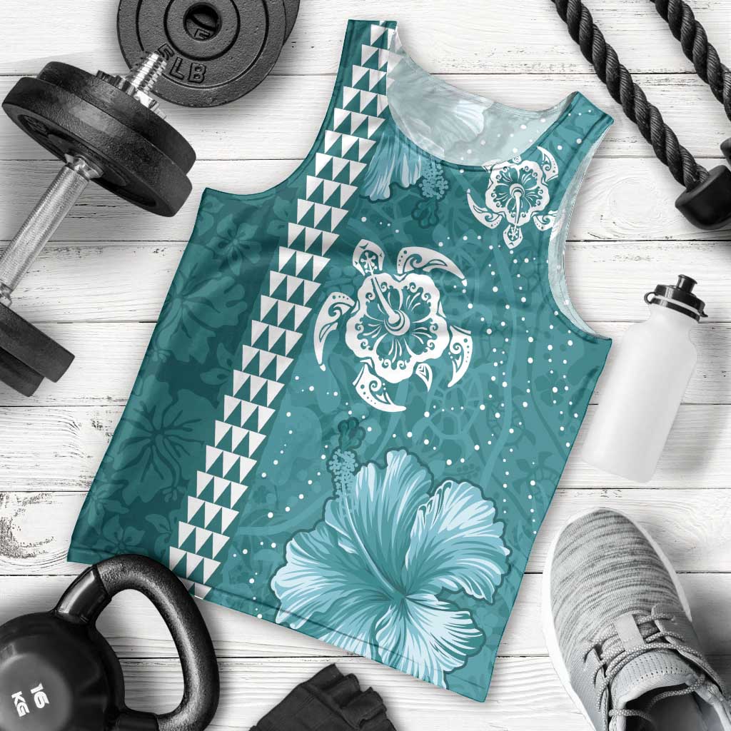 Teal Hibiscus Turle Men Tank Top Hawaiian Style Tribal Tapa Pattern