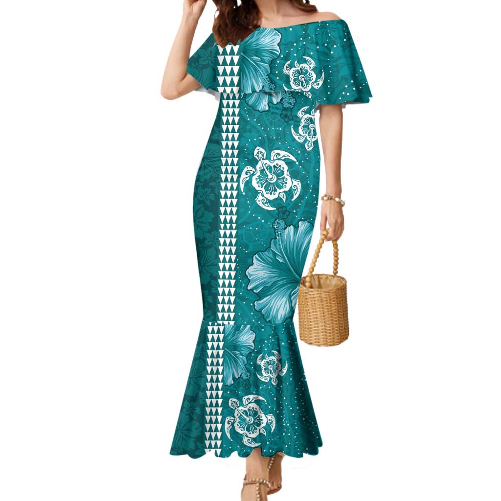 Teal Hibiscus Turle Mermaid Dress Hawaiian Style Tribal Tapa Pattern