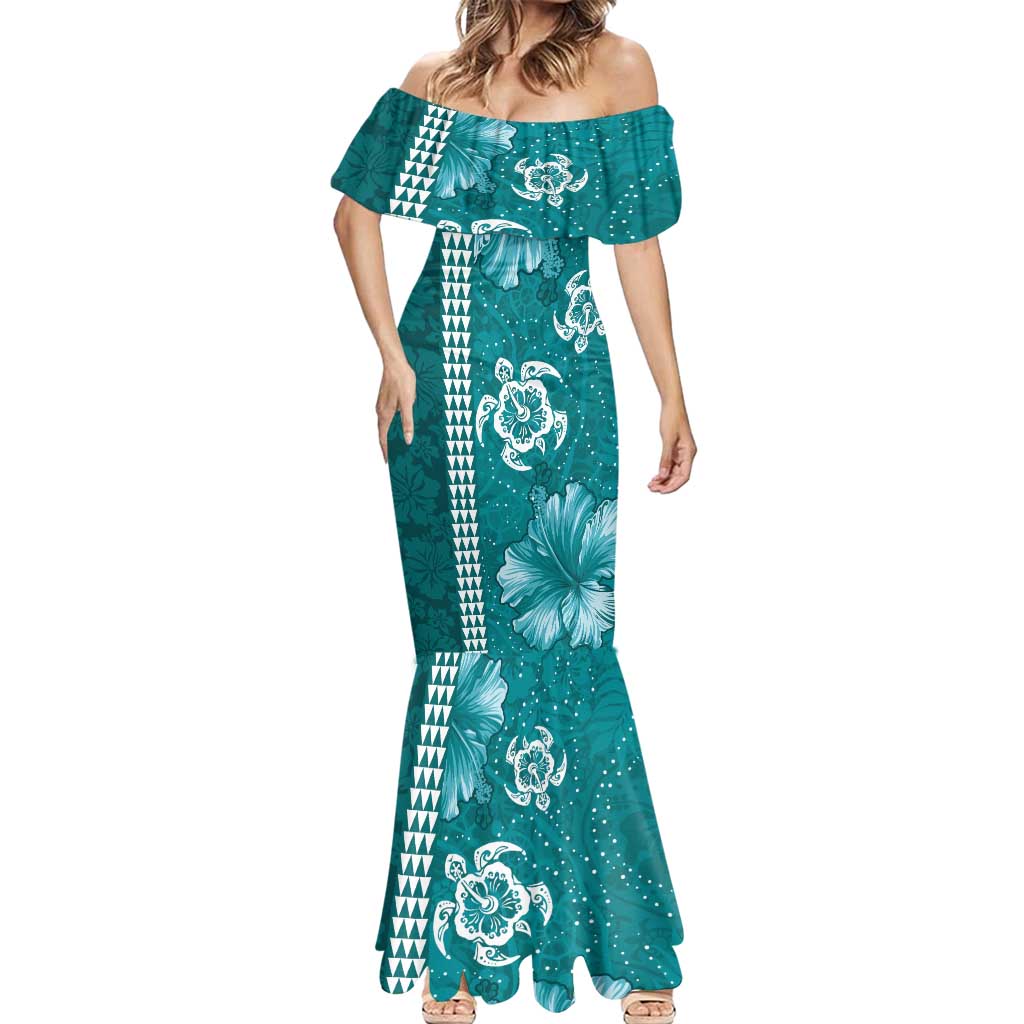 Teal Hibiscus Turle Mermaid Dress Hawaiian Style Tribal Tapa Pattern