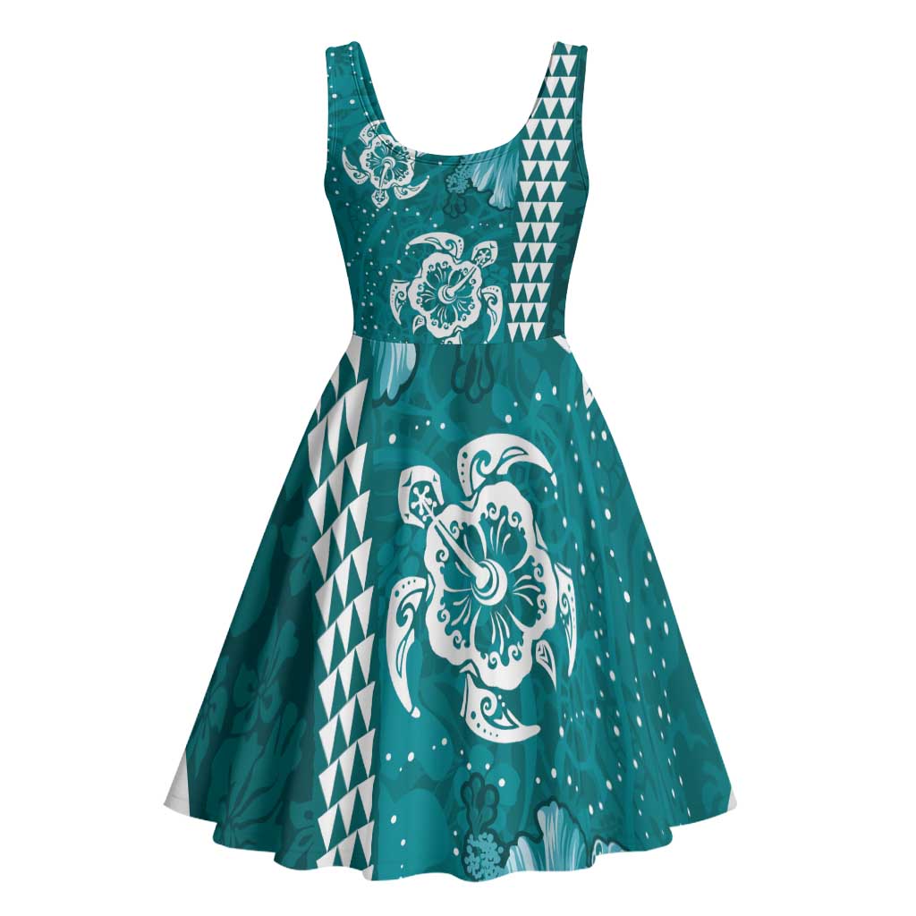Teal Hibiscus Turle Midi Dress Hawaiian Style Tribal Tapa Pattern - Polynesian Pride