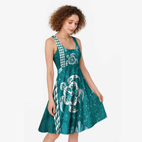 Teal Hibiscus Turle Midi Dress Hawaiian Style Tribal Tapa Pattern - Polynesian Pride
