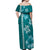 Teal Hibiscus Turle Off Shoulder Maxi Dress Hawaiian Style Tribal Tapa Pattern