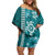 Teal Hibiscus Turle Off Shoulder Short Dress Hawaiian Style Tribal Tapa Pattern