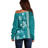 Teal Hibiscus Turle Off Shoulder Sweater Hawaiian Style Tribal Tapa Pattern