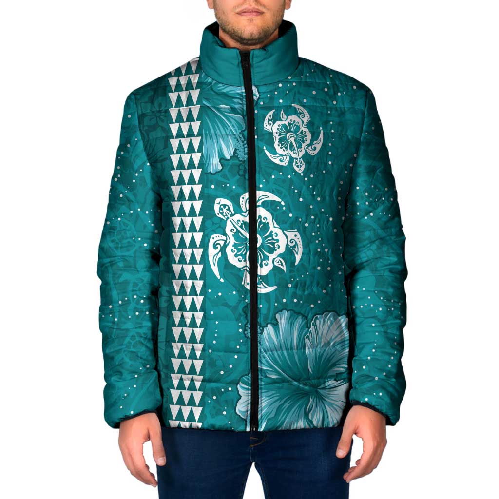 Teal Hibiscus Turle Padded Jacket Hawaiian Style Tribal Tapa Pattern - Polynesian Pride