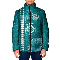 Teal Hibiscus Turle Padded Jacket Hawaiian Style Tribal Tapa Pattern - Polynesian Pride