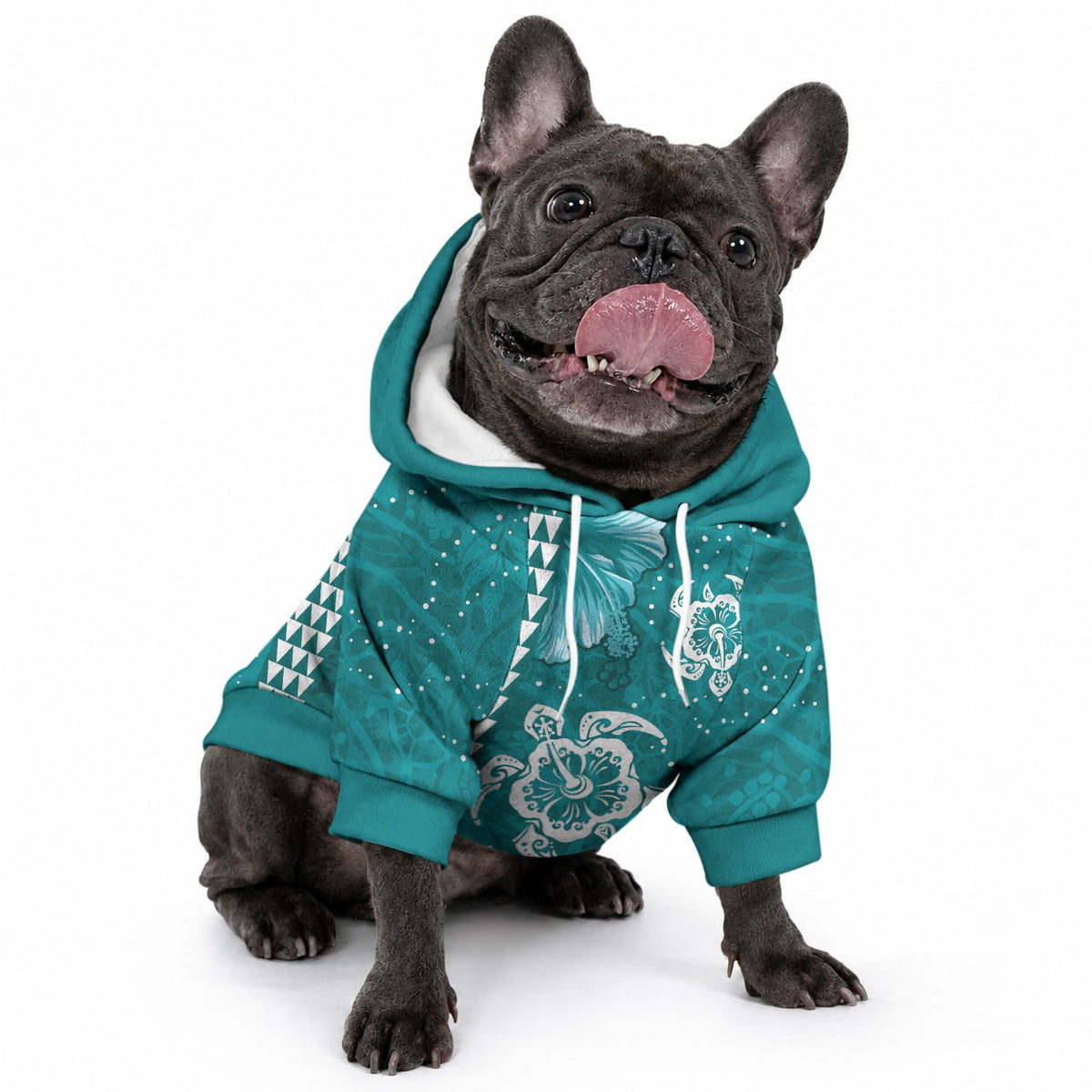 Teal Hibiscus Turtle Pet Hoodie Hawaiian Style Tribal Tapa Pattern LT9 - Polynesian Pride
