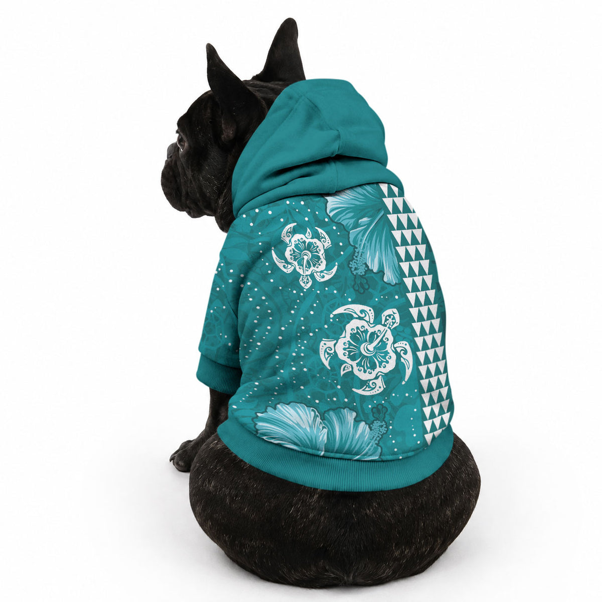 Teal Hibiscus Turtle Pet Hoodie Hawaiian Style Tribal Tapa Pattern LT9 - Polynesian Pride