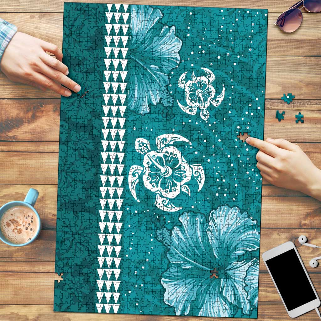 Teal Hibiscus Turle Puzzle Hawaiian Style Tribal Tapa Pattern - Polynesian Pride