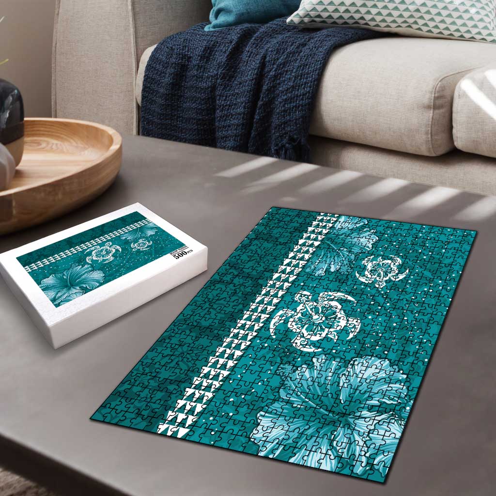 Teal Hibiscus Turle Puzzle Hawaiian Style Tribal Tapa Pattern - Polynesian Pride