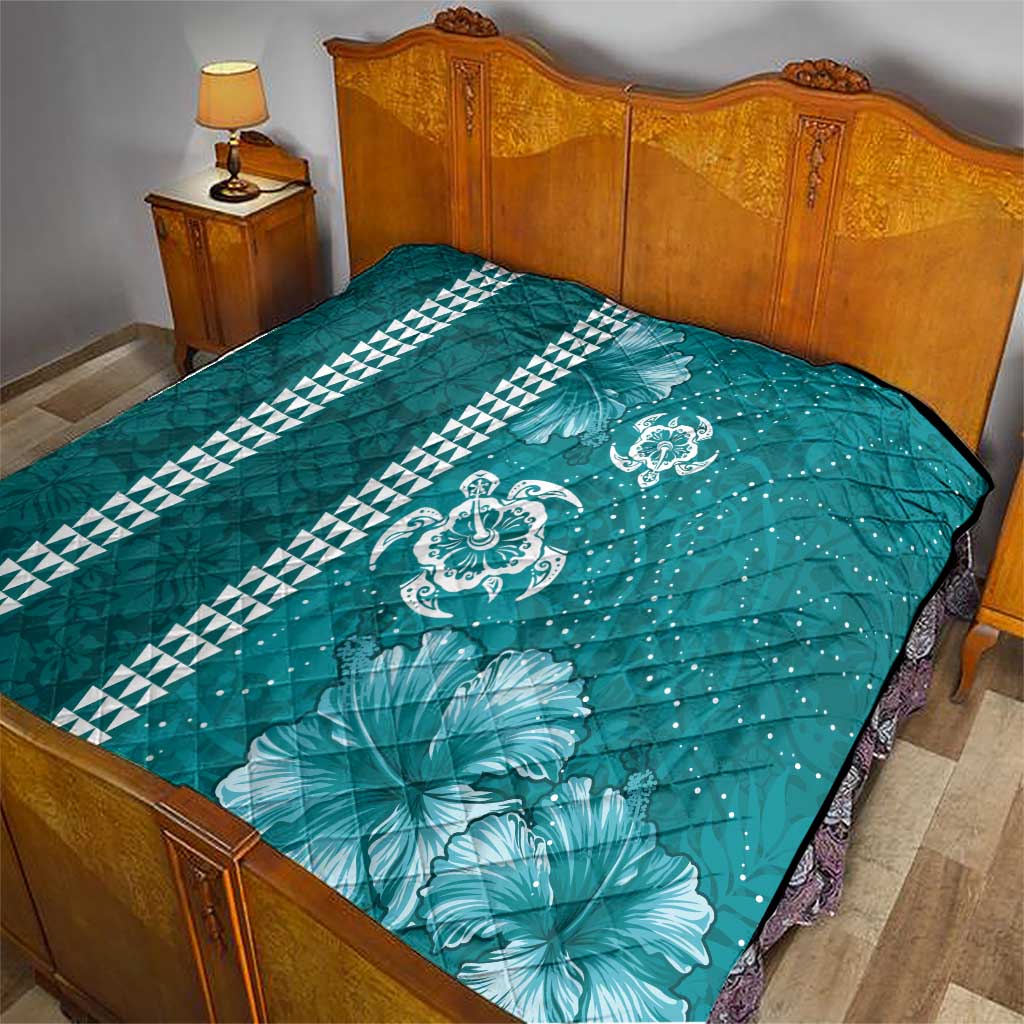 Teal Hibiscus Turle Quilt Hawaiian Style Tribal Tapa Pattern