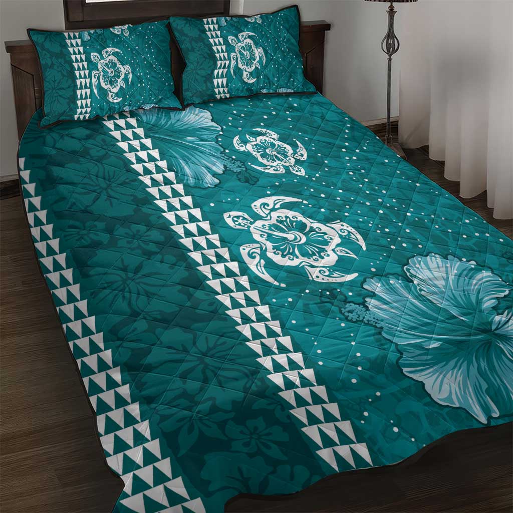 Teal Hibiscus Turle Quilt Bed Set Hawaiian Style Tribal Tapa Pattern
