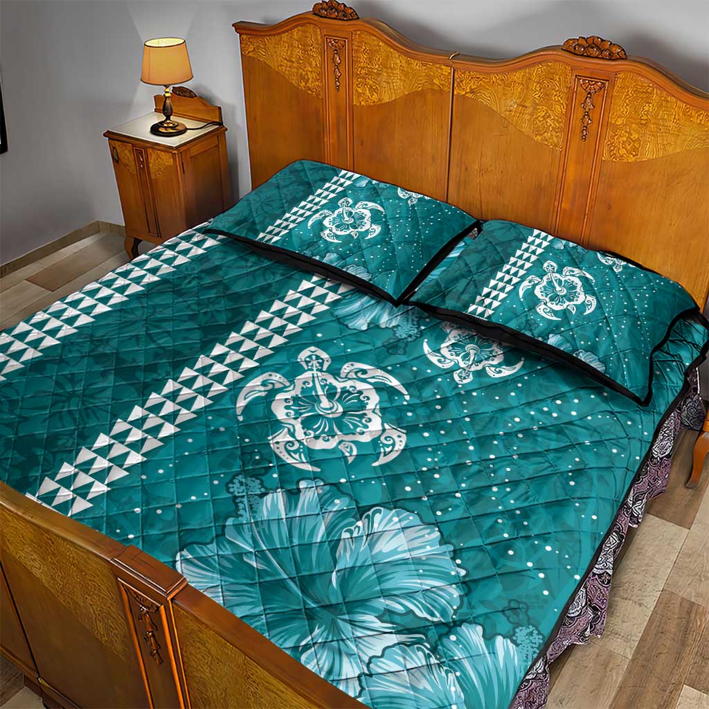 Teal Hibiscus Turle Quilt Bed Set Hawaiian Style Tribal Tapa Pattern