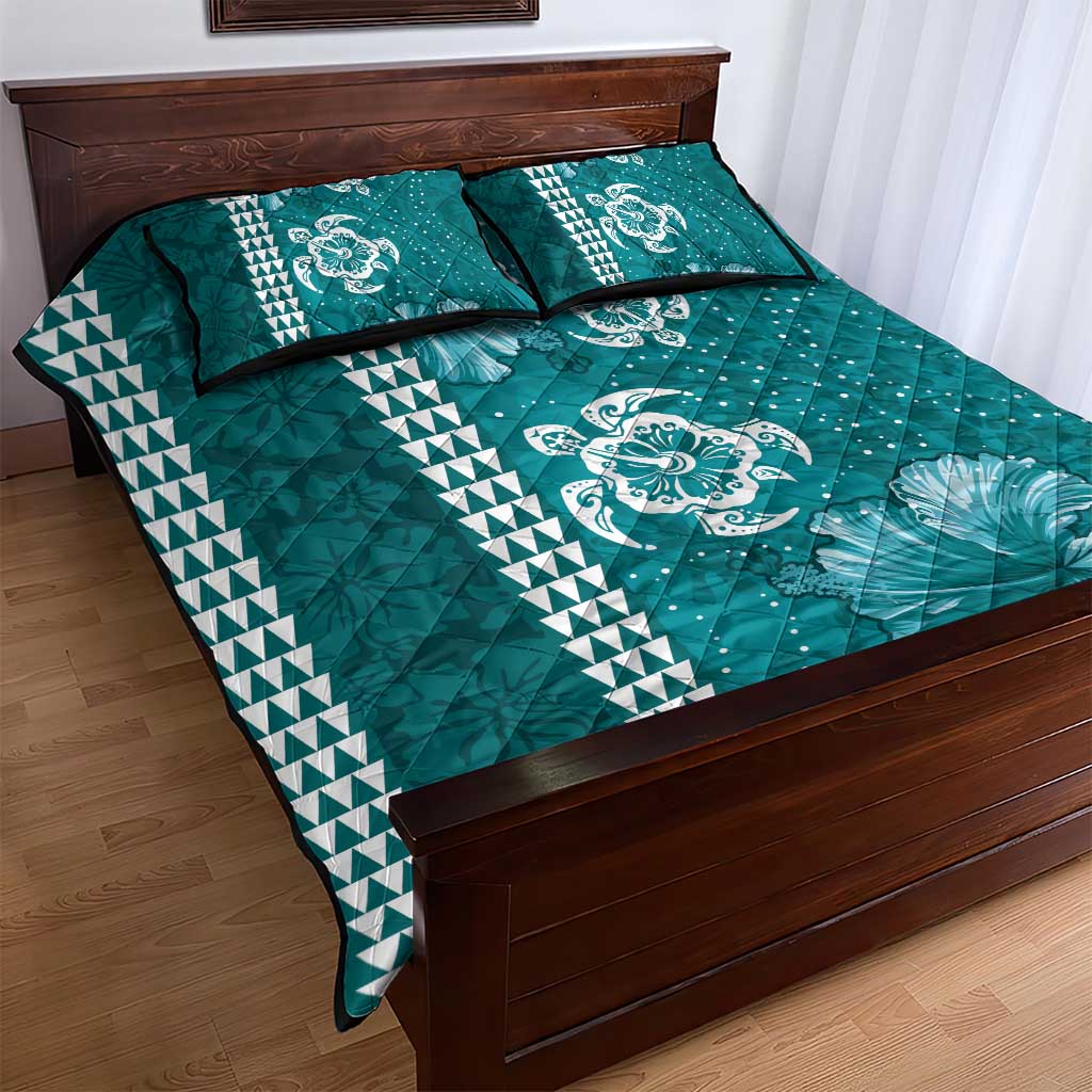 Teal Hibiscus Turle Quilt Bed Set Hawaiian Style Tribal Tapa Pattern