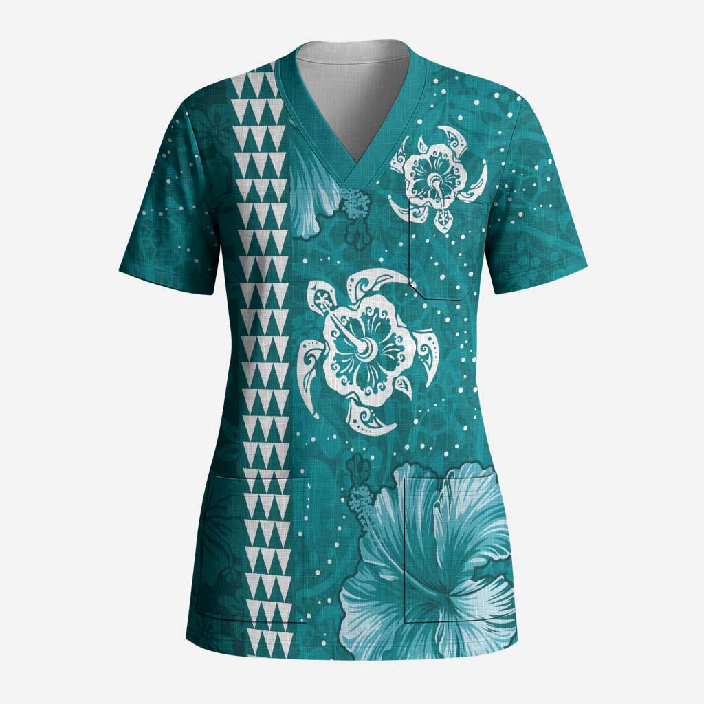 Teal Hibiscus Turle Scrub Top Hawaiian Style Tribal Tapa Pattern - Polynesian Pride