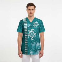 Teal Hibiscus Turle Scrub Top Hawaiian Style Tribal Tapa Pattern - Polynesian Pride
