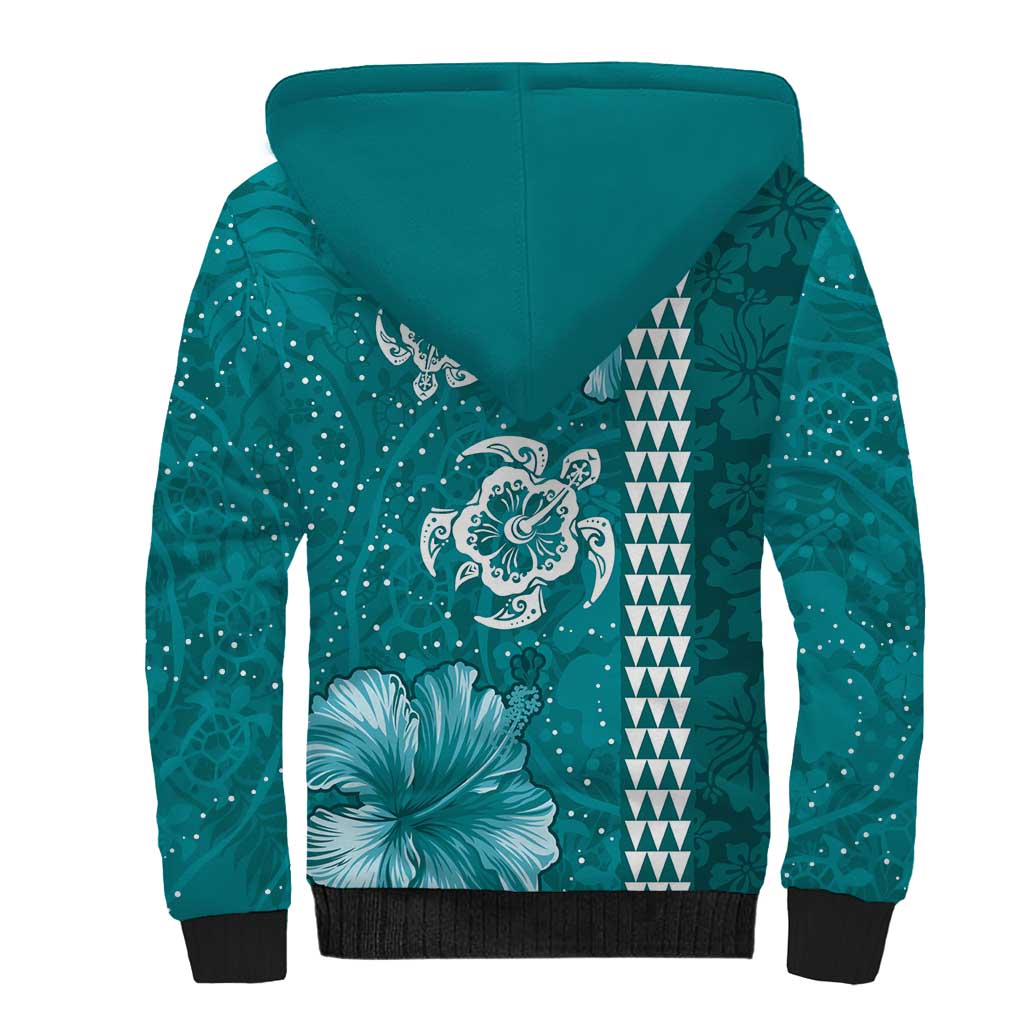 Teal Hibiscus Turle Sherpa Hoodie Hawaiian Style Tribal Tapa Pattern