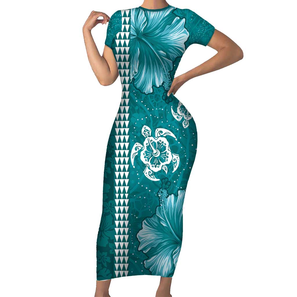Teal Hibiscus Turle Short Sleeve Bodycon Dress Hawaiian Style Tribal Tapa Pattern