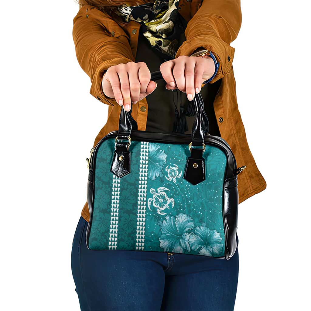 Teal Hibiscus Turle Shoulder Handbag Hawaiian Style Tribal Tapa Pattern