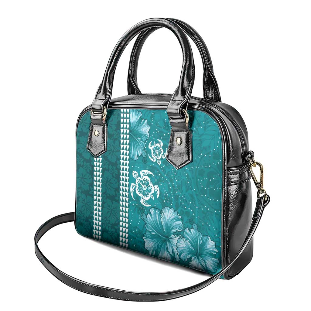 Teal Hibiscus Turle Shoulder Handbag Hawaiian Style Tribal Tapa Pattern