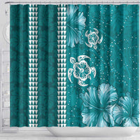 Teal Hibiscus Turle Shower Curtain Hawaiian Style Tribal Tapa Pattern