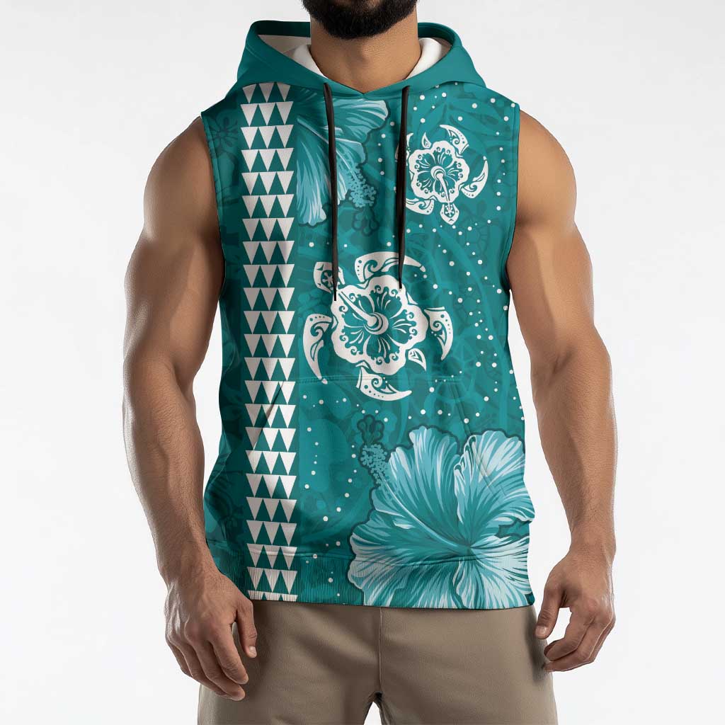 Teal Hibiscus Turle Sleeveless Hoodie Hawaiian Style Tribal Tapa Pattern - Polynesian Pride